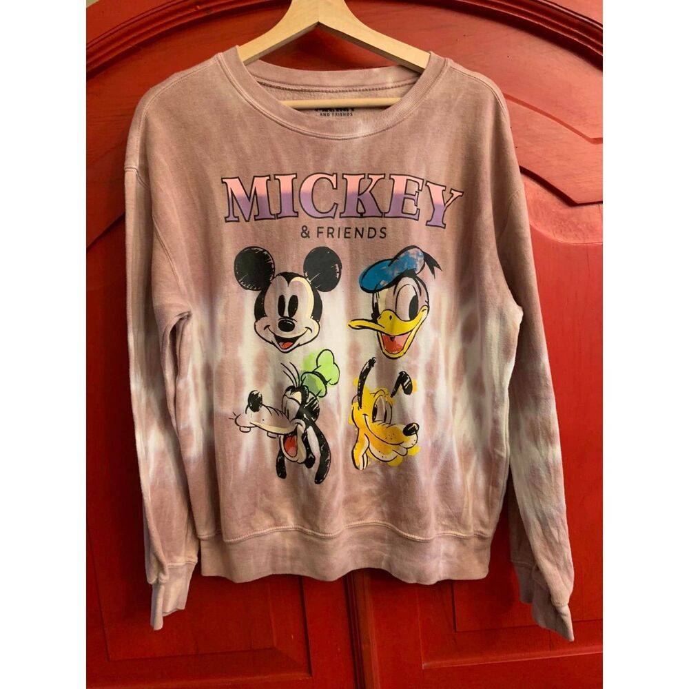 Disney Large Mickey and Friends Tie Dyed Pink Sweatshirt Daffy Pluto Goofy EUC